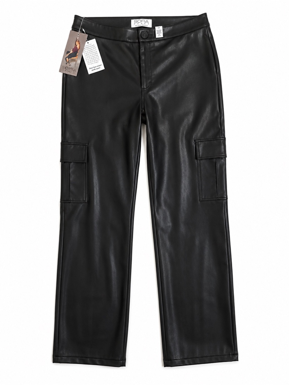 NWT Sofia Jeans Black Faux Leather Cargo Pants Womens Size 14 Straight Leg Vegan